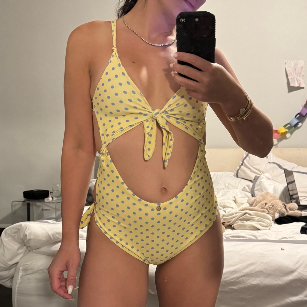 For Love And Lemons Yellow and Blue Polka Dot Swimsuit
